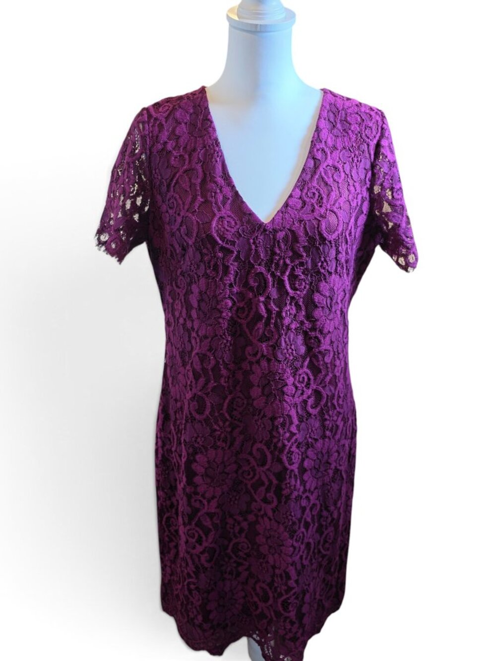Classic Elegant Lauren Ralph Lauren Purple Floral Lace V-Neck Sheath Dress Size